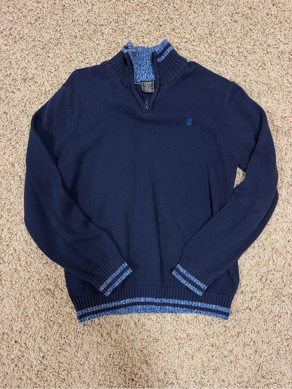 Izod Navy Zip-Up Quarter Sweater with Light Blue Trim